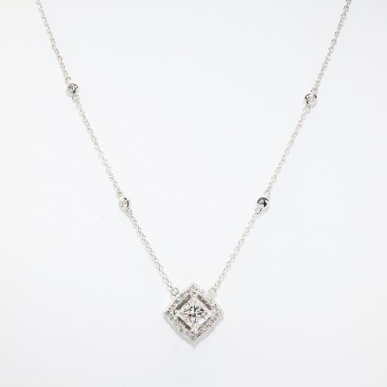 Picture of 14k White Gold & Diamond Station Necklace with Square Cut Diamond Diamond Pendant