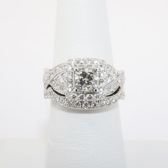 Picture of 14k White Gold, Cushion & Round Cut Diamond Bridal Ring Set