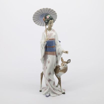 Picture of Lladro #6396 'Oriental Forest' Japanese Geisha With Parasol & Deer Figurine