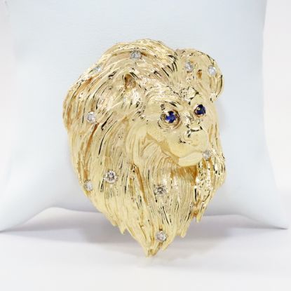 Picture of 14k Yellow Gold Lion Head Slide Pendant with Synthetic Sapphire Eyes & Diamond Accented Mane