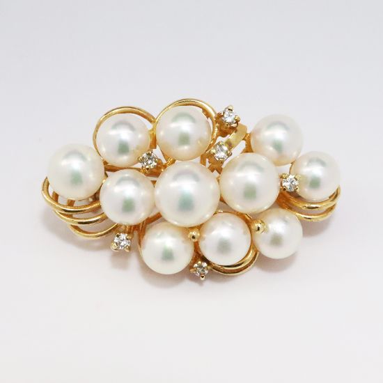 Picture of 14k Yellow Gold & Cultured Pearl Cluster Brooch with Diamond Accents