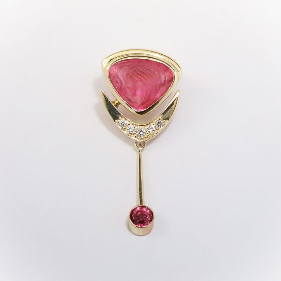 Picture of 18k Yellow Gold & Carved Pink Tourmaline with Pink Tourmaline Drop & Diamond Accents