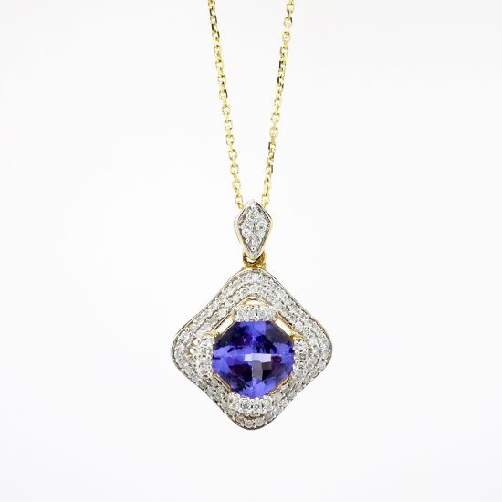 Picture of 14k Yellow Gold Necklace with Diamond Accented Cushion Cut Tanzanite Pendant