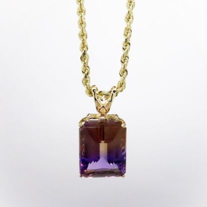 Picture of 14k Yellow Gold Rope Chain Necklace with Large Emerald Cut Ametrine Pendant