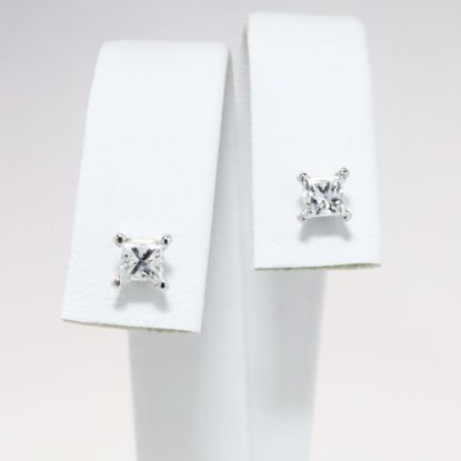 Picture of 14k White Gold & Square Brilliant Cut Diamond Solitaire Stud Earrings