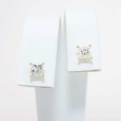 Picture of 14k Yellow Gold & Square Brilliant Cut Diamond Solitaire Stud Earrings