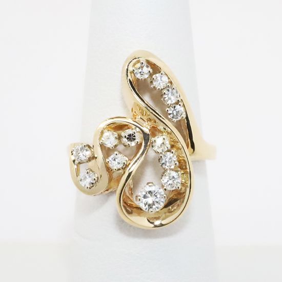 Picture of 14k Yellow Gold Waved Statement Ring with Round Brilliant Cut Diamond Accents