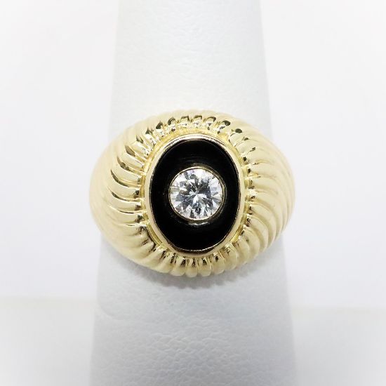 Picture of 14k Yellow Gold & Oval Carved Black Onyx Ring with Round Brilliant Cut Diamond Center