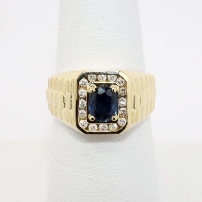 Picture of Ribbed 14k Yellow Gold & Oval Cut Blue Sapphire Ring with Diamond Halo