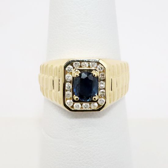 Picture of Ribbed 14k Yellow Gold & Oval Cut Blue Sapphire Ring with Diamond Halo