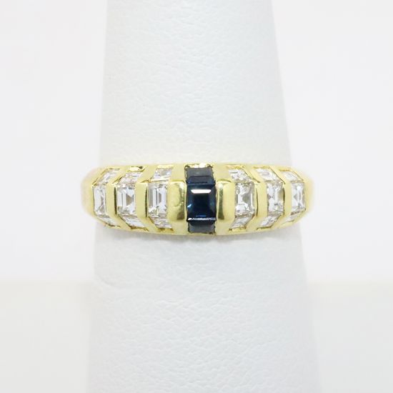 Picture of 18k Yellow Gold, Square Cut Diamond & Square Cut Blue Sapphire Ring