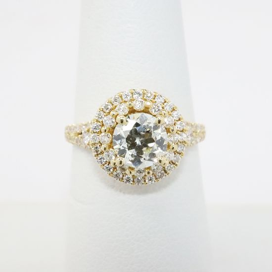 Picture of 14k Yellow Gold & GIA Certified Circular Brilliant Diamond Engagement Ring with Double Halo