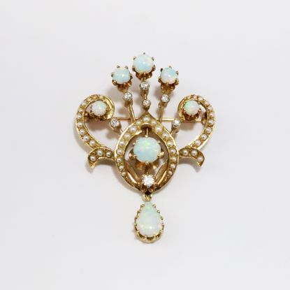 Picture of Vintage Victorian Revival 14k Yellow Gold, Opal, Seed Pearl & Diamond Brooch/Pendant