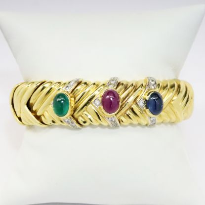 Picture of 18k Braided Yellow Gold, Emerald, Ruby, & Sapphire Cuff Bracelet with Diamond Accents