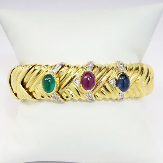 Picture of 18k Braided Yellow Gold, Emerald, Ruby, & Sapphire Cuff Bracelet with Diamond Accents