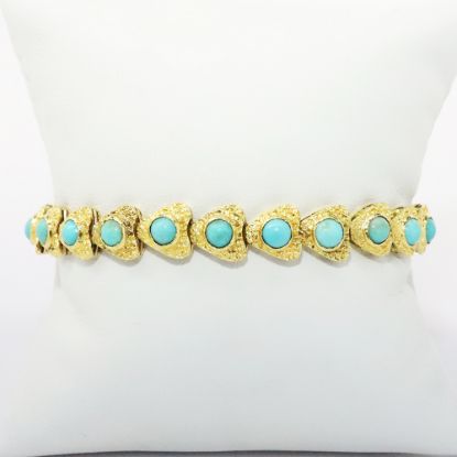 Picture of Vintage 1960's Corletto Italy 14k Textured Yellow Gold & Turquoise Cabochon Bracelet