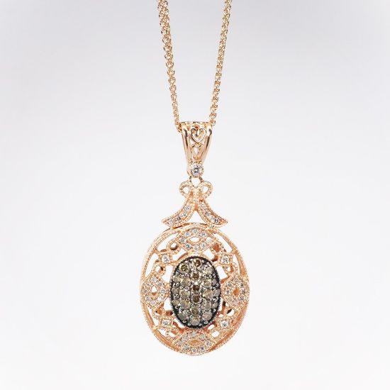 Picture of Rose Gold Double Chain Necklace with Clear & Brown Diamond Set Oval Pendant