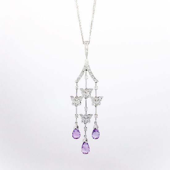 Picture of 14k White Gold Necklace with Dangling Briolette Cut Amethyst & Diamond Accented Butterflies Pendant