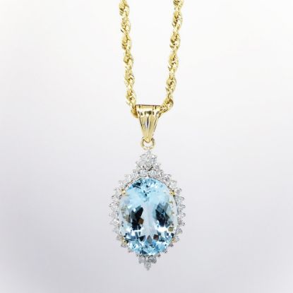 Picture of 14k Yellow Gold Rope Chain Necklace & Oval Cut Aquamarine Pendant with Diamond Halo