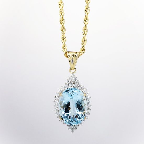 Picture of 14k Yellow Gold Rope Chain Necklace & Oval Cut Aquamarine Pendant with Diamond Halo