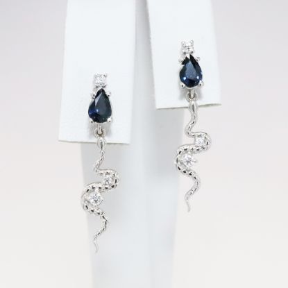 Picture of Custom 14k White Gold & Pear Cut Sapphire Snake Dangle Earrings with Diamond Accents