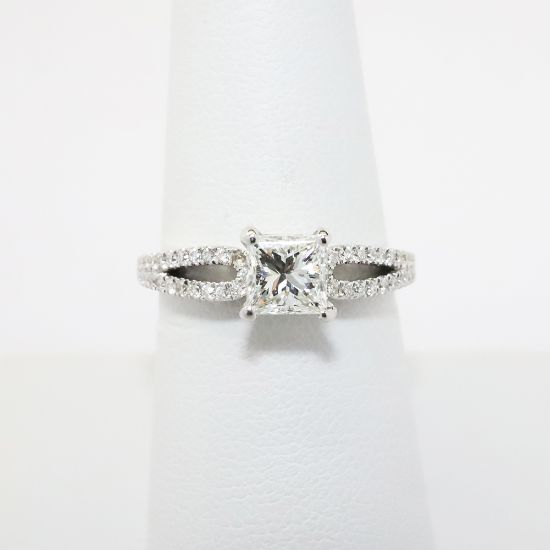 Picture of 14k White Gold & Square Brilliant Cut Diamond Solitaire Engagement Ring with Diamond Accented Band