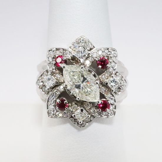 Picture of 14k White Gold & Marquise Cut Diamond Rings with Round Brilliant Cut Ruby & Diamond Accents