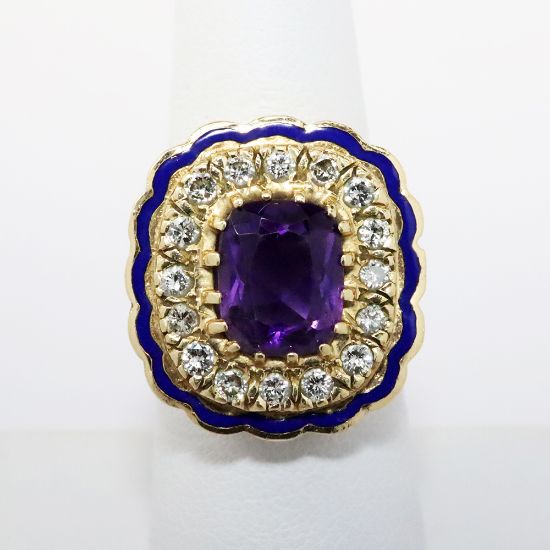 Picture of Vintage 14k Yellow Gold & Amethyst Ring with Diamond & Cobalt Blue Enamel Halo