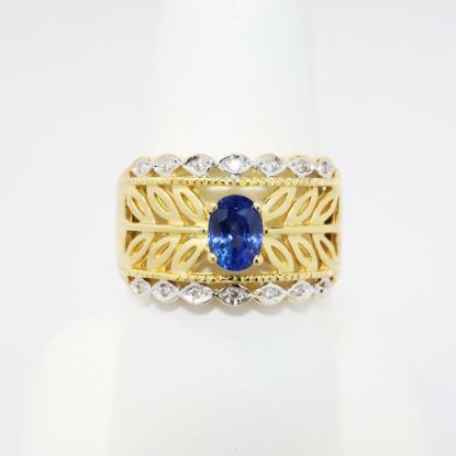 Picture of 18k Pierced Yellow Gold & Oval Blue Sapphire Ring with Diamond Accented Edges