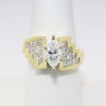 Picture of 18k Yellow Gold & Staggered Square Brilliant Cut Diamond Ring with Marquise Cut Diamond Center