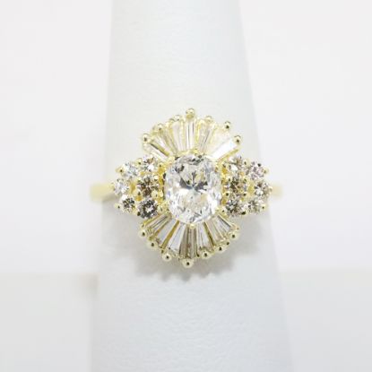 Picture of 18k Yellow Gold & Oval Cut Diamond Ring with Round & Baguette Cut Diamond Halo