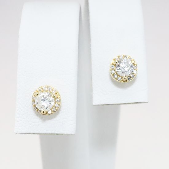 Picture of 14k Yellow Gold & Round Brilliant Cut Diamond Stud Earrings with Diamond Halos