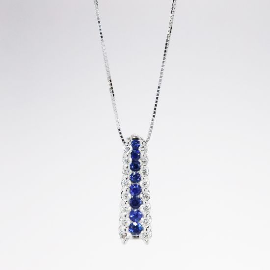 Picture of 14k White Gold Necklace with Blue Sapphire & Diamond Bar Pendant