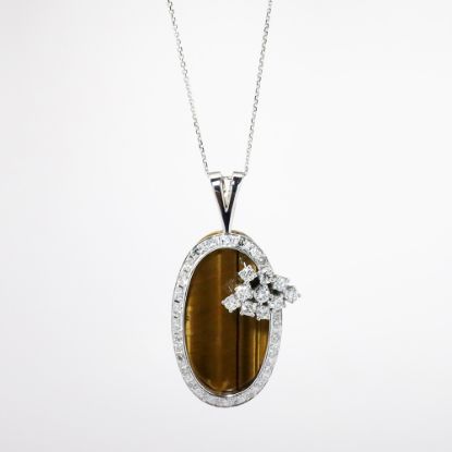 Picture of 14k White Gold Necklace with Oval Tiger's Eye Pendant Framed in Diamonds