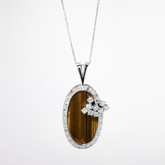 Picture of 14k White Gold Necklace with Oval Tiger's Eye Pendant Framed in Diamonds