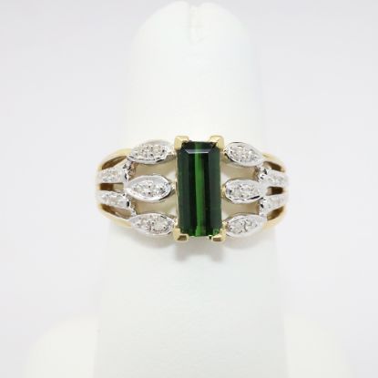 Picture of 14k Two-Tone Gold & Emerald Cut Green Tourmaline Ring with Diamond Accents