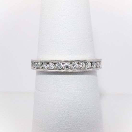 Picture of 14k White Gold & Channel Set Round Brilliant Cut Diamond Wedding Band with Milgrain Detailing