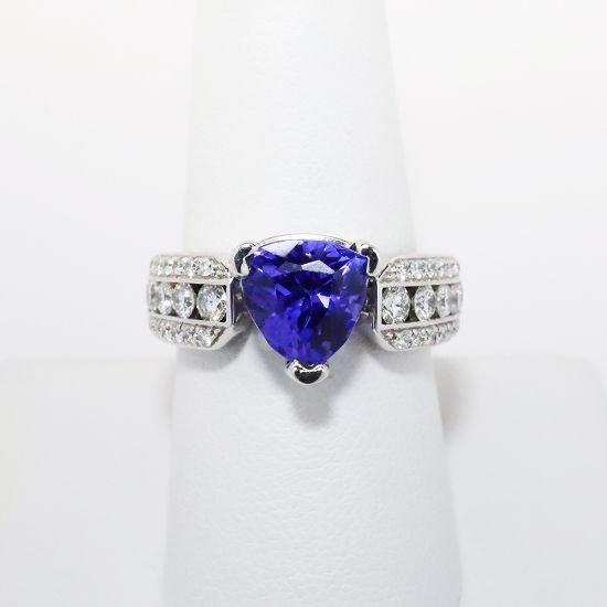 Picture of 14k White Gold & Trillion Cut Tanzanite Ring with Diamond Enhanced Band