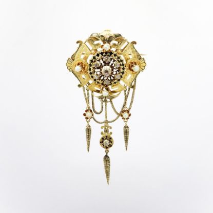 Picture of Antique Victorian Era 14k Gold, Rose Cut Diamond, Pearl & Black Enamel Etruscan Revival Brooch/Pendant