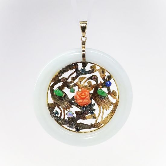 Picture of Chinese 14k Yellow Gold & Nephrite Jade Halo Pendant with Bird Motif & Multi-Gemstone Accents