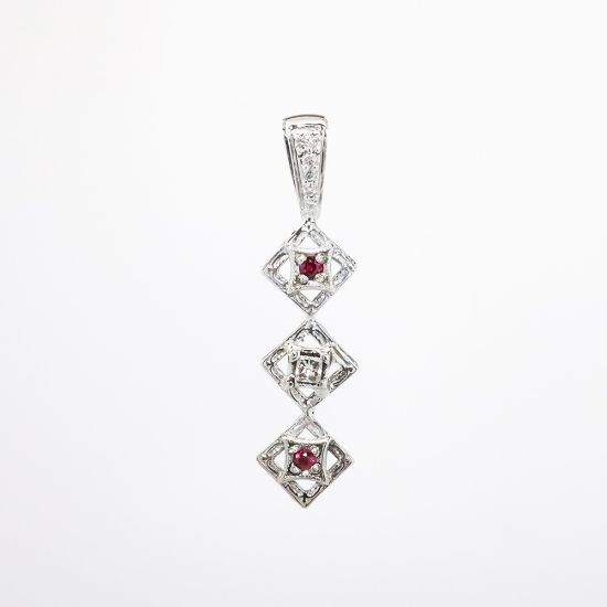 Picture of Custom 14k White Gold Pierced Stacked Diamond Shaped Pendant with Diamond & Ruby Accents