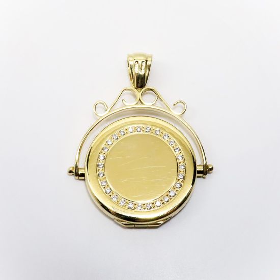 Picture of 18k Yellow Gold Swiveling Locket with Etching on One Side & a Diamond Halo on the Other