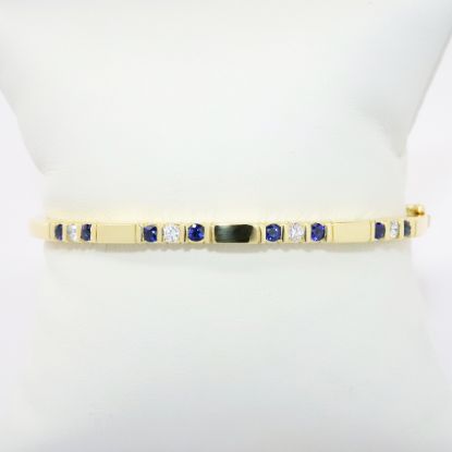 Picture of 18k Yellow Gold Hinged Bangle Bracelet with Alternating Blue Sapphires & Diamonds