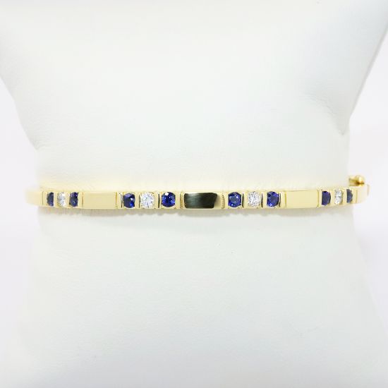 Picture of 18k Yellow Gold Hinged Bangle Bracelet with Alternating Blue Sapphires & Diamonds