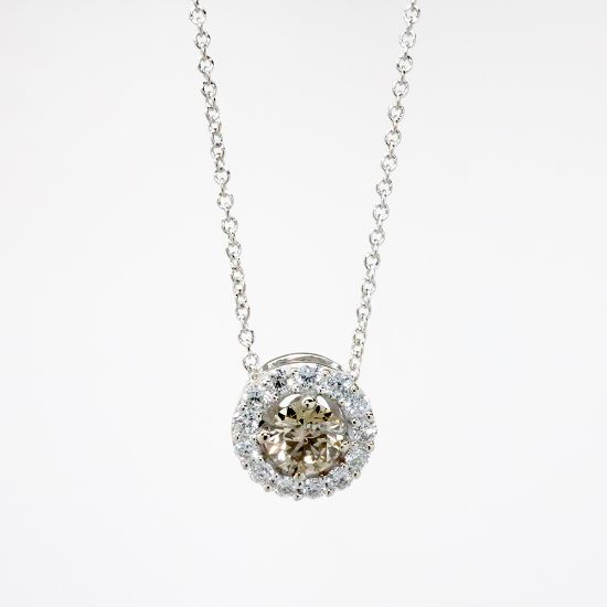 Picture of 14k White Gold Necklace & Round Cut Light Brown Diamond Pendant with Diamond Halo