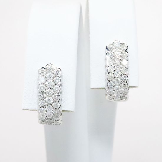 Picture of 14k White Gold Triple Diamond Row Demi Hoop Earrings 