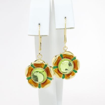 Picture of 18k Yellow Gold & Peridot Cabochon Flower Drop Earrings with Orange & Green Guilloche Enameled Petals