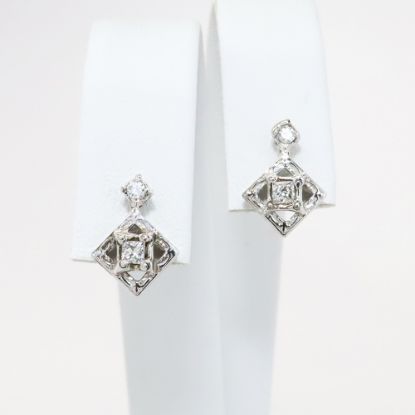 Picture of Custom Made Pierced 14k White Gold Diamond Shaped Mini Drop Earrings with Diamond Accents