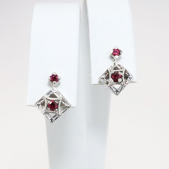 Picture of Custom 14k Pierced White Gold & Round Brilliant Cut Ruby Mini Drop Stud Earrings