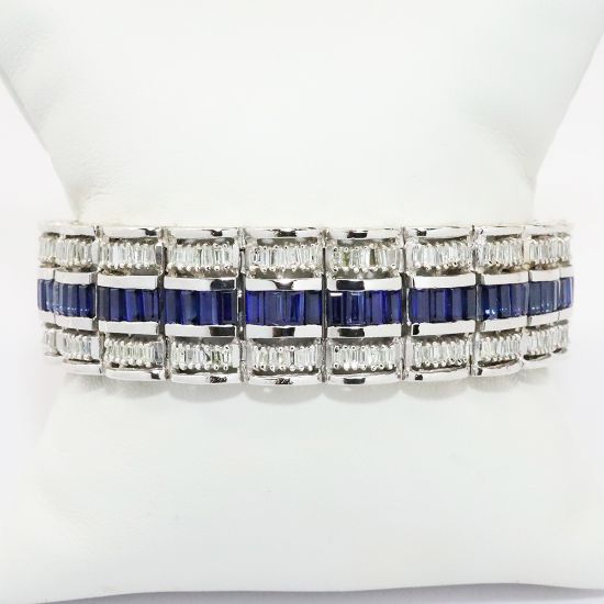 Picture of 18k White Gold, Baguette Cut Diamond & Blue Baguette Cut Sapphire Bracelet